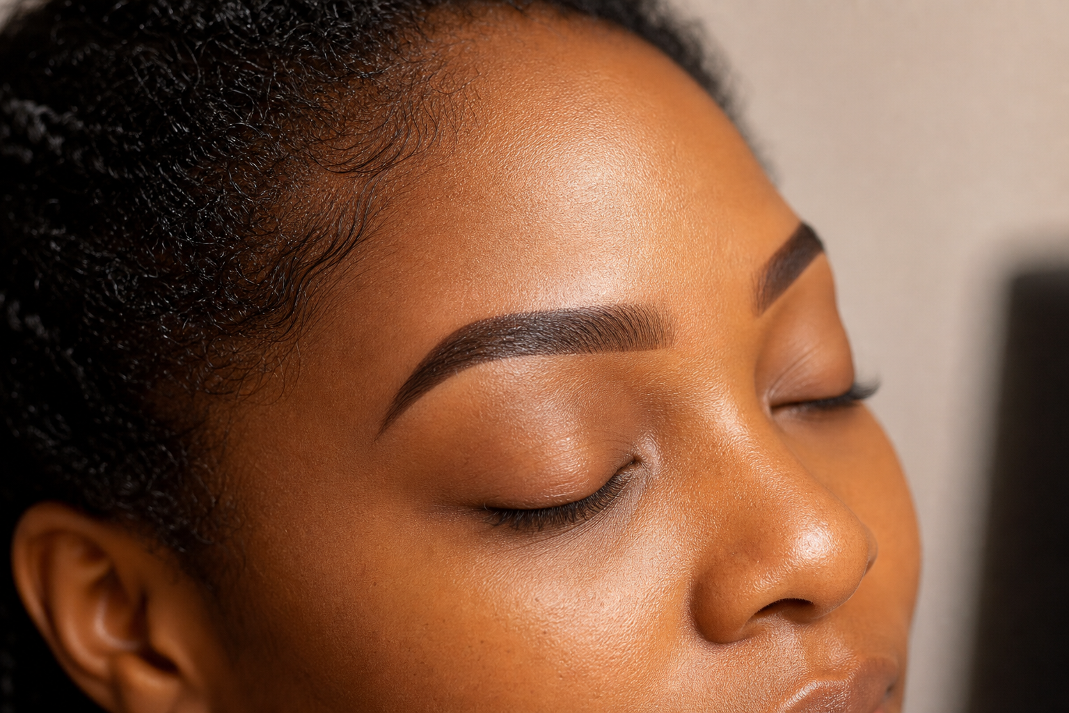 Close up of freshly finished ombre brows
